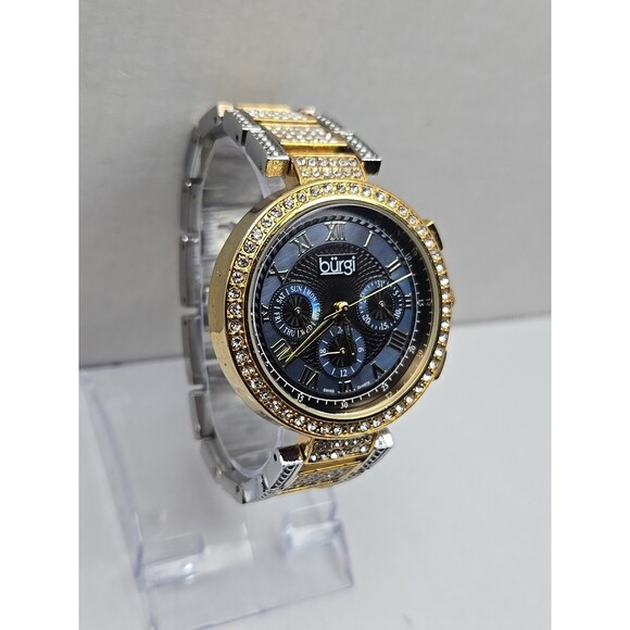 Burgi Womens Two Tone Crystal Swiss Watch Blue MOP Multifunction New Battery - Picture 3 of 10
